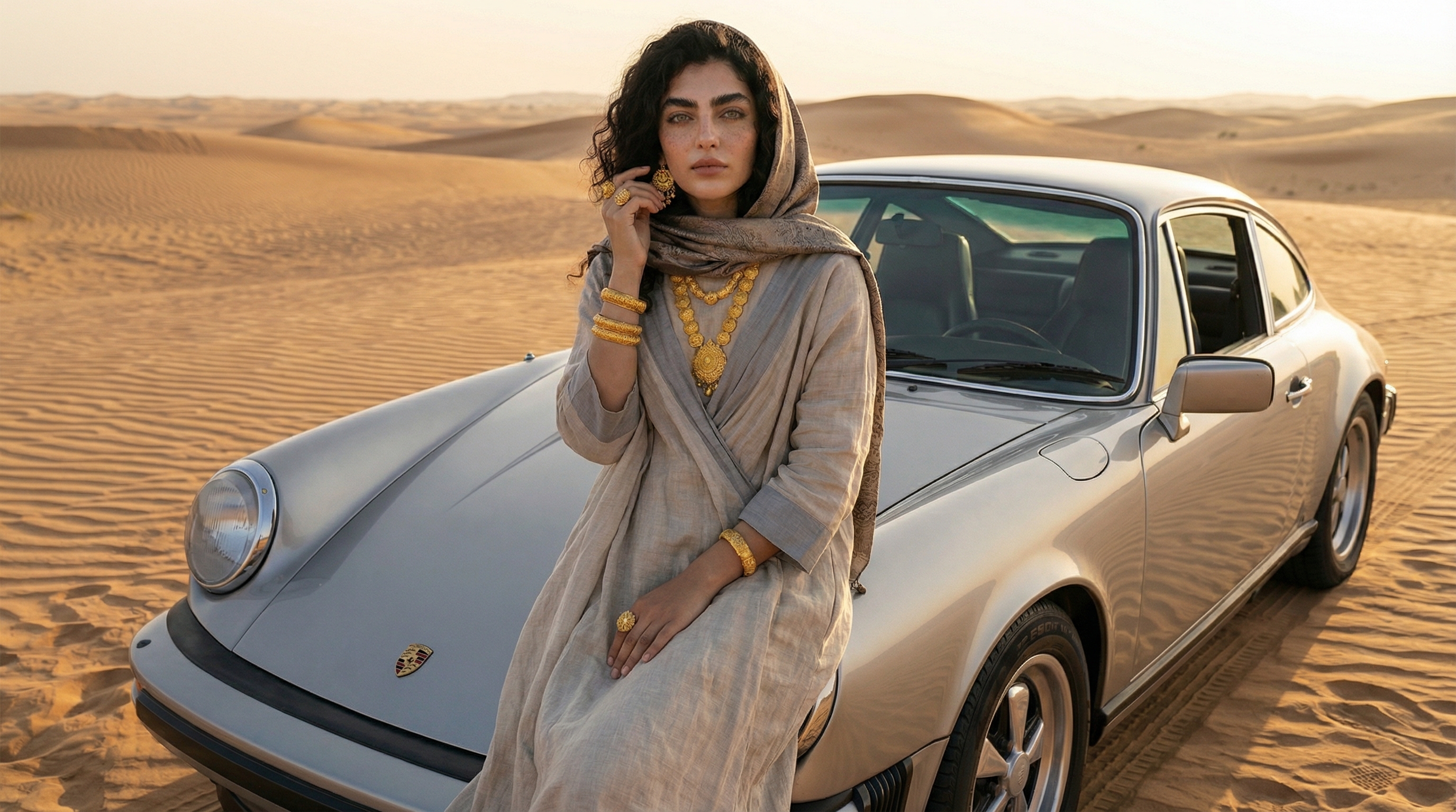 Gulf Heritage — woman in desert with Porsche and gold jewelry