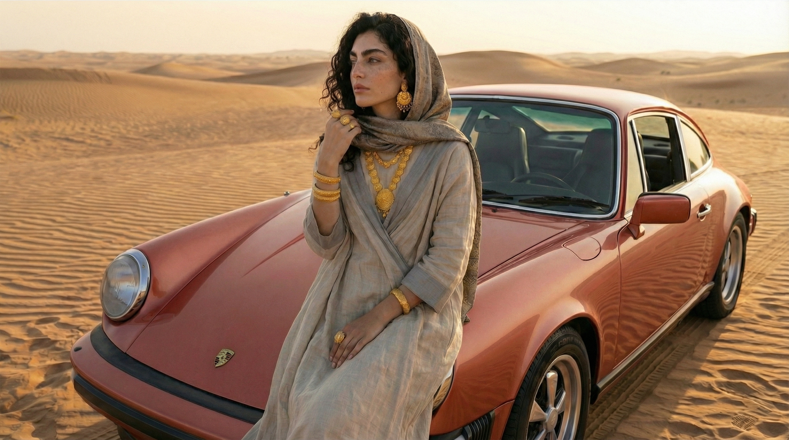 Gulf Heritage editorial — woman in archway with gold bangles and necklace