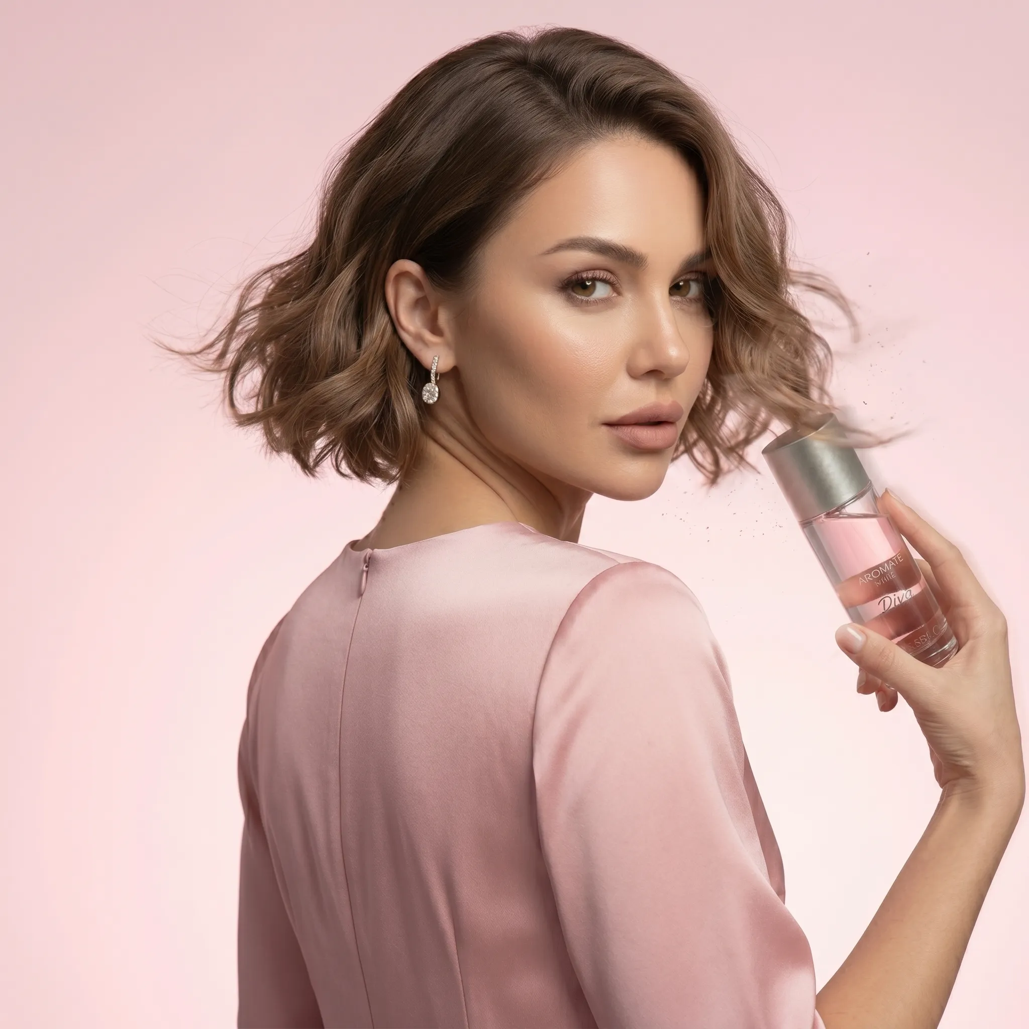 ASSAF fantasy luxury — woman silhouette holding perfume in glowing pink light circle