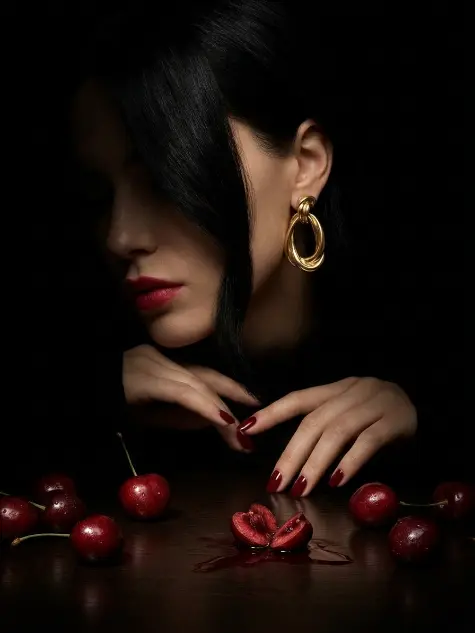 LUVA — woman with gold earring and red wine in candlelight